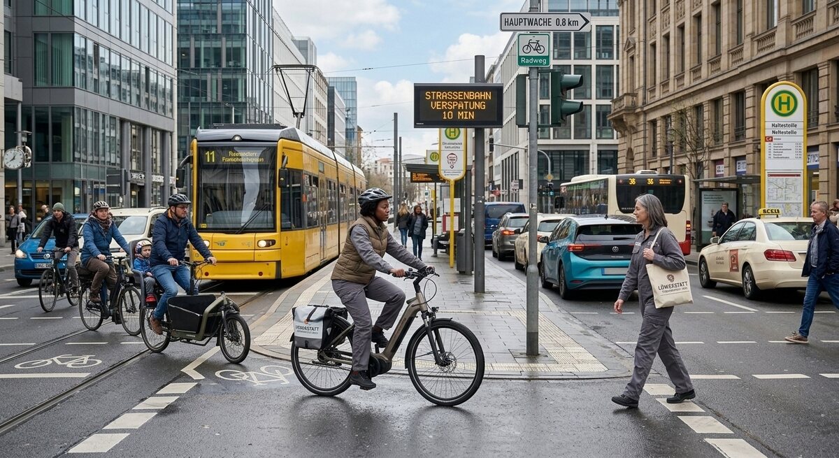 Bildimpuls: Fahrrad und Autoverkehr in der Stadt