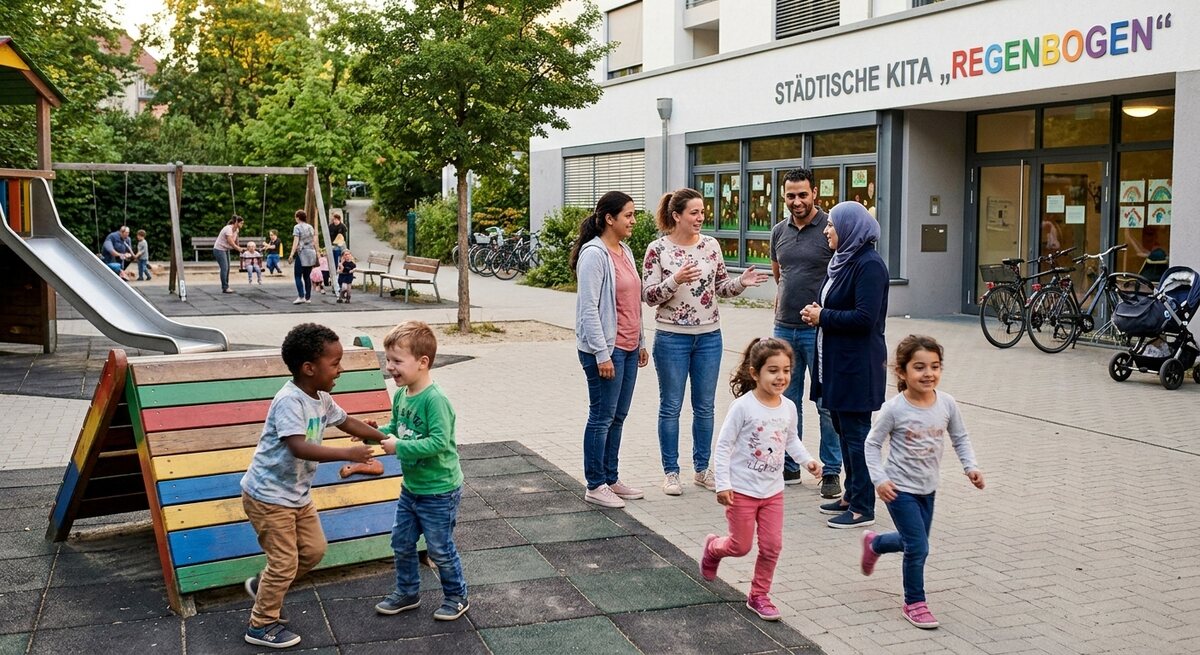 Bildimpuls: Eltern vor der Kita oder auf dem Spielplatz