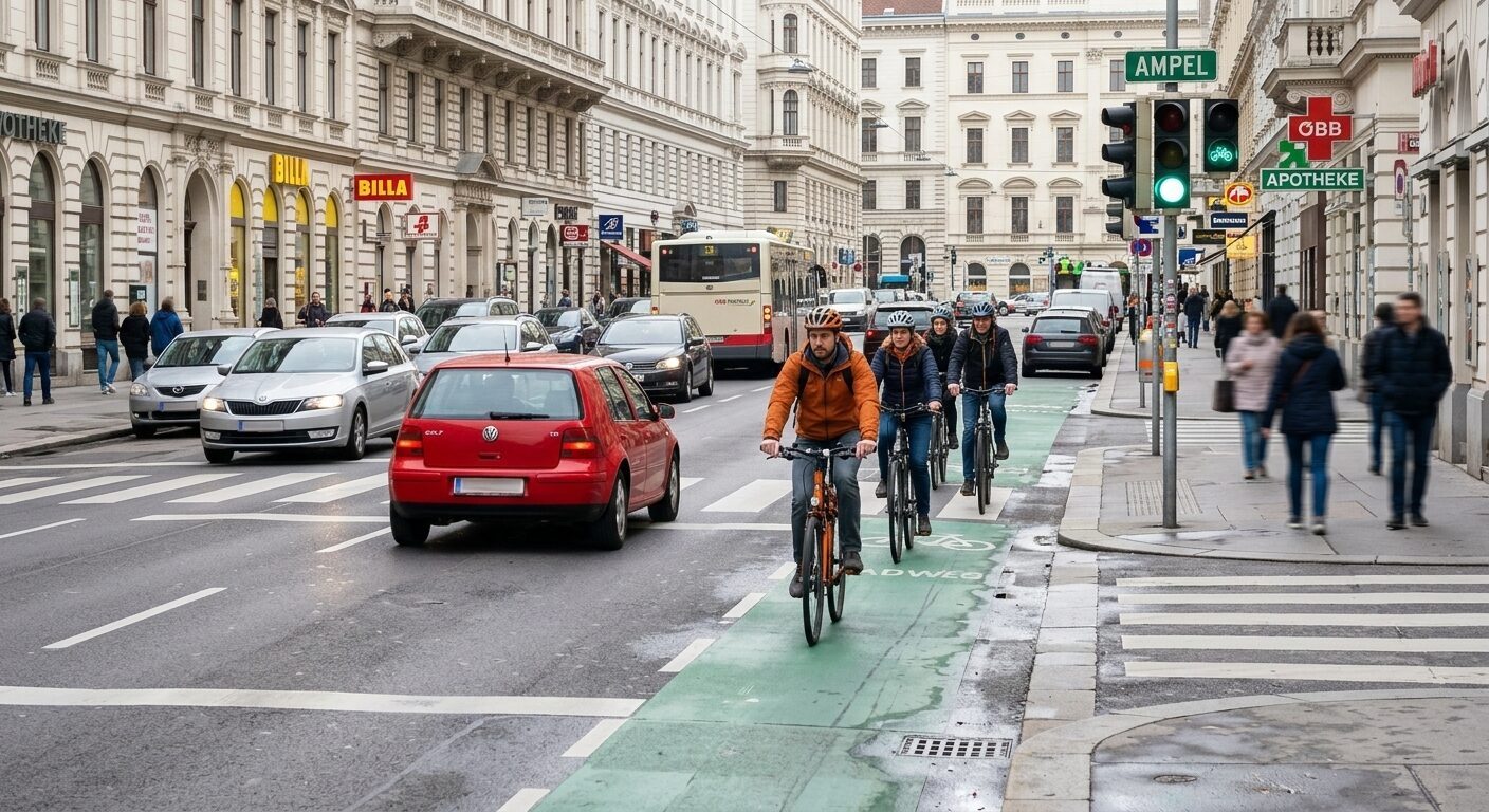 Bildimpuls zu Fahrrad/Autoverkehr in der Stadt